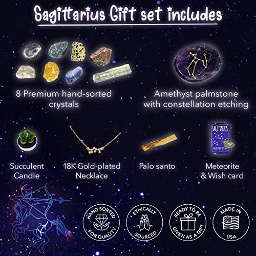 DANCING BEAR Sagittarius Zodiac Healing Crystals Gift Set (14 Pc): 9 Stones, 18K Gold-Plated Constellation Necklace, Meteorite, Succulent Candle, Palo Santo Smudge Stick & Info Guide, Made in The USA