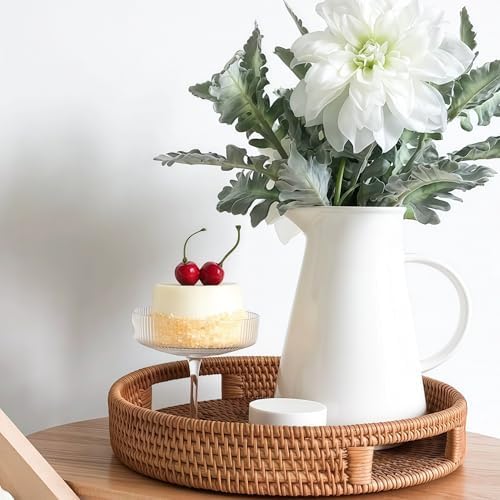 14" Round Rattan Tray, Hand Woven Serving Tray with Handles, Wicker Serving Basket, Decorative Tray for Home Decor, Natural