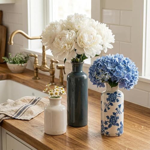 Vintage Ceramic Flower Vase Set of 3, Rustic Farmhouse Vase for Home Decor, Distressed Decorative Vase for Table Entryway Mantel Centerpiece Living Room Bathroom Bedroom (Blue and White)
