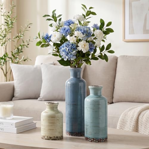 Vintage Ceramic Flower Vase Set of 3, Rustic Farmhouse Vase for Home Decor, Distressed Decorative Vase for Table Entryway Mantel Centerpiece Living Room Bathroom Bedroom (Pale Teal Wood)