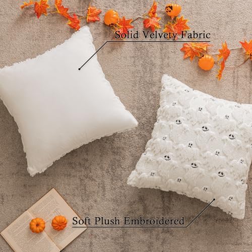 Halloween Cute Ghost Throw Pillow Covers 18x18 Inch Set of 2 Soft Plush Faux Fur Cushion Covers for Fall Decor, Soft Spooky Decorative Pillowcases for Couch Sofa Bench Living Room