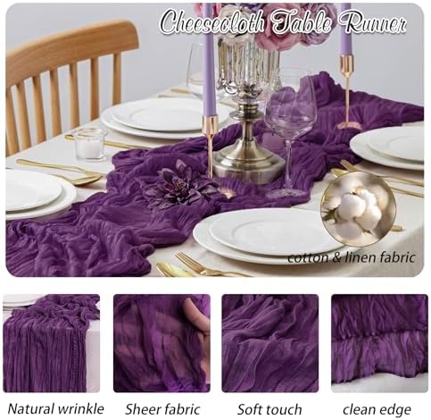 Plum Purple Cheesecloth Table Runner 2 Pack 35" Boho Gauze Table Runner 120 inches Long Runner Rustic Sheer Fabric Bulk for Baby Shower Wedding Bridal Birthday Party Table Decorations