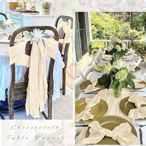 12 Pack Ivory Cheesecloth Table Runner 17 x 108 Inch Gauze Table Runner Fabric Semi Sheer Cheese Cloth Table Decor Bulk for Rustic Romantic Wedding Baby Shower Table Decoration
