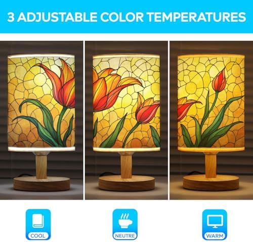 Tulip Table Lamp LED 3-Color Pressed Bedside, Tulip Shade Lamp with Wood Base for Bedroom Living Room Desk Office TL01