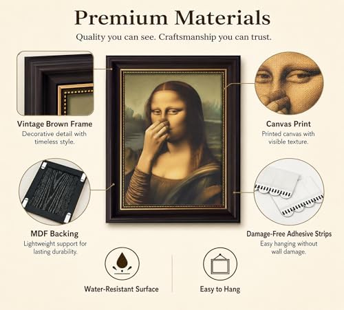 CXKAWM Brown Framed Funny Mona Lisa Holding Nose Bathroom Wall Art 12x16in | Mona Lisa Bathroom Wall Decor Picture Humor Amusing Toilet Poster Print for Restroom Bathroom Home decoration