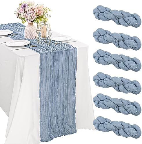 6 Pieces Dusty Blue 10FT Cheesecloth Table Runner Boho Gauze Fabric Table Runner Rustic Sheer Runner for Wedding Birthday Baby Shower Party Boho Table Decoration（Dusty Blue）