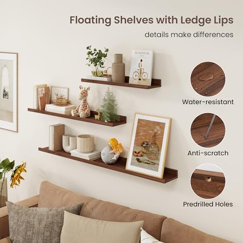 Axeman 30 Inch Floating Shelves, Walnut Picture Ledge Shelf Set of 3