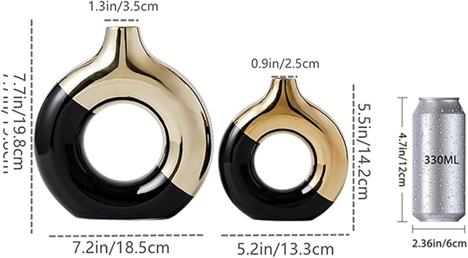 White and Gold Donut Vase, Modern Ceramic Vase for Pampas Grass, Perfect Centerpiece for Weddings, Living Room, and Office Decor (Black Gold, L)
