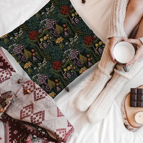 Maximalist Whimsical Botanical Pillow Covers 18x18 Double-Sided, Plant Room Decor, Dark Cottagecore Rustic Forest Colorful Wildflower Plants Decorative Throw Pillow Covers