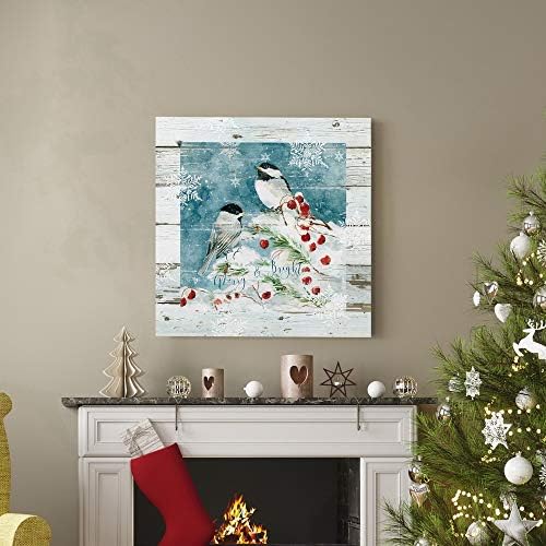 Renditions Gallery Christmas Abstract Wall Art Bright Merry Chickadees on White Snowed Cherry Trees Canvas Hanging Artwork Prints for Bedroom Office Home Kitchen - 40"X40" LT05