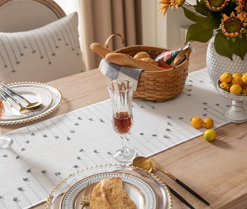 Boho Table Runner 13 x 72 Inch Long Natural Cotton Woven Runner with Tassels for Home Dining Table décor, for Modern Farmhouse Decor Coffee Table Runner, Grey and Beige