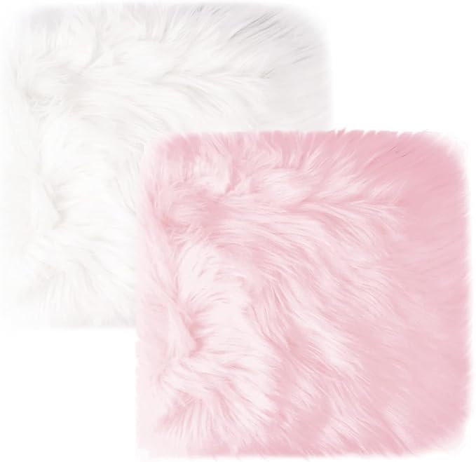 2Pack 12’’ Small Faux Fur Cushion Fluffy Plush Area Rug Photo Props | Small Product Photo Background for Tabletop Photography, Luxury Jewelry, Nail Art, Home Decor (Square, White + Pink)