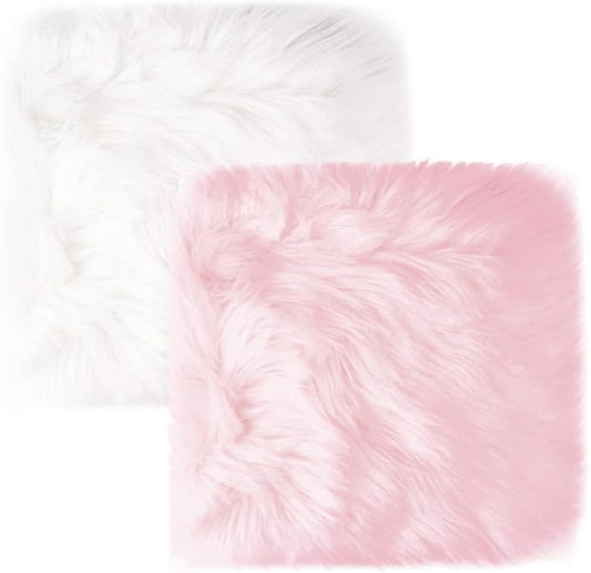 2Pack 12’’ Small Faux Fur Cushion Fluffy Plush Area Rug Photo Props | Small Product Photo Background for Tabletop Photography, Luxury Jewelry, Nail Art, Home Decor (Square, White + Pink)