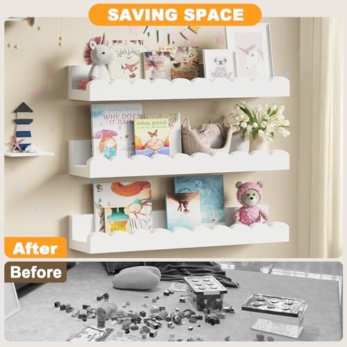 3-Pack Scalloped Shelves, Nursery Shelves, Floating Book Shelves for Wall