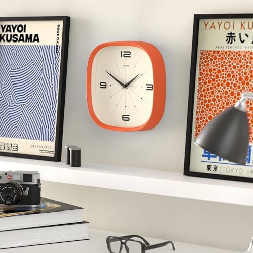 JONES CLOCKS® Pulsar wall Clock | Square Rounded Retro Clock | 10" | Orange | Cool Designer Look for Kitchen, Living Room or Office