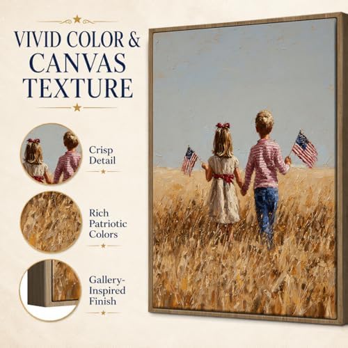 American Flag Framed Canvas Wall Art, 4th of July Patriotic Canvas Prints | Boy Holding USA Flag Poster Print, Modern Independence Day Wall Decor for Living Room Kids Room Dining Room Office 16×20in