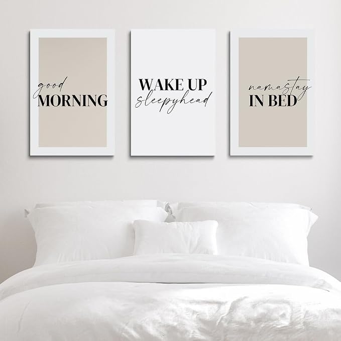 GUBIYU Bedroom Prints Set of 3, Above Bed Decor, Good Morning Namastay in Bed Canvas Wall Art, Beige and White Minimalist Nursery Prints 12"x16"