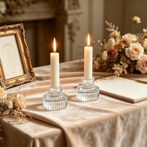Hosley Set of 12 Glass Taper Candle Holders - Clear Glass Candlestick Holders 2 Inch High for Wedding Centerpieces, Party, Dinner Table, Reiki Meditation, Home Decor