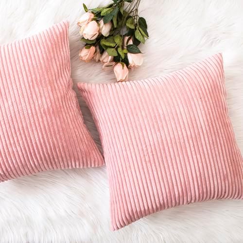 Home Brilliant Pillow Covers 22x22 2 Packs Pillows Decorative Throw Pillows for Couch Bench Striped Velvet Decor, 55x55cm, 22 x 22 Inch, Baby Pink
