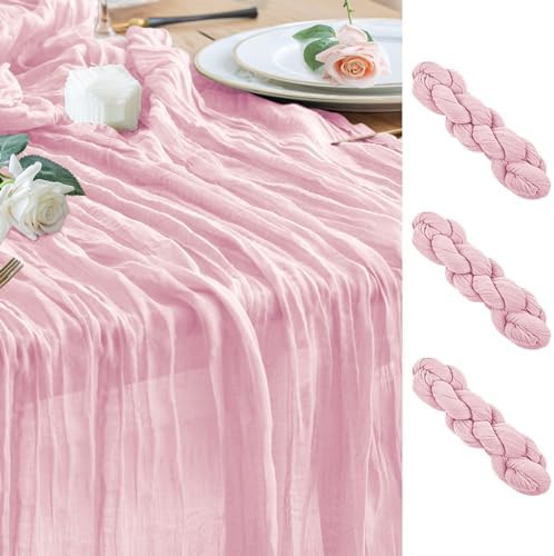Wokceer Cheesecloth Table Runner Blush Pink 10FT Boho Gauze Runner, 3 Pack