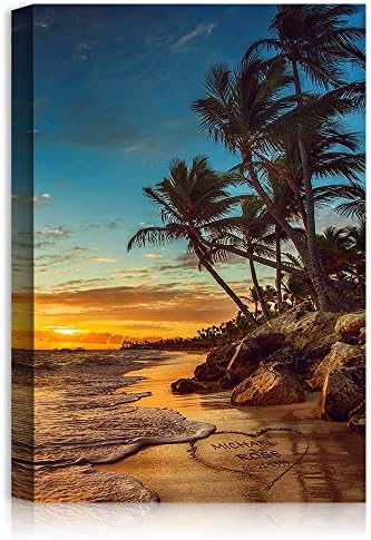 Sunset Beach Love in Heart Personalized Canvas Prints Artwork with Couple's Names and Date on,Perfect Love Gift for Anniversary,Wedding,Birthday and Holidays.24x16 inches