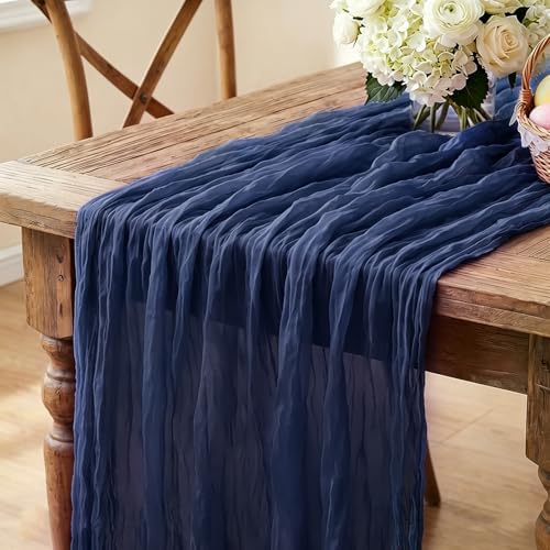 Navy Blue Table Runner, 10FT Rustic Gauze Blue Table Runner 35*120inch Boho Table Runners for Wedding Bridal Shower Birthday Baby Shower Table Centerpiece Decorations