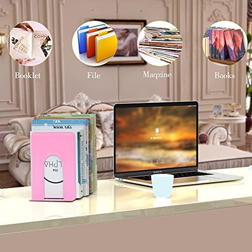 Optomni Bookends, Book End Supports Heavy Duty Metal Bookend Support, Book Ends Supports for Shelves Decor Home Office School (2 Pairs/4 Pieces, Pink)