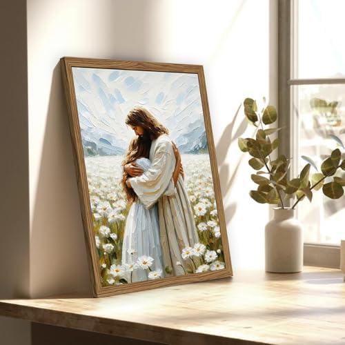 Framed 3D Textured Jesus Embracing Woman Wall Art, Jesus Hugging Woman Wall Decor Hand Drawn Sandstone Religious Christian Bible Painting Pictures for Bedroom Living Prayer Room 16x24 in Wood Framed