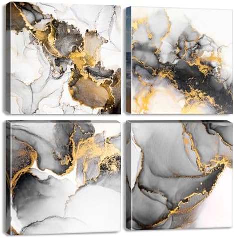 Abstract Texture Wall Art Black and Gold Marble Wall Decor for Living Room Watercolor Ink Fluid Lines Picture Canvas Print Minimalist Painting Framed Artwork Bedroom Office Home Decoration 20x20” 4Pcs