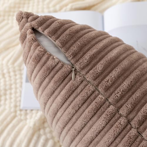 Kevin Textile Striped Corduroy 12”x20” Pillow Covers 2 Pack, Light Brown