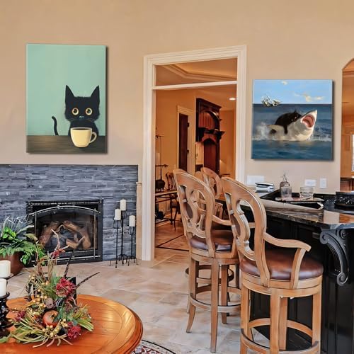 Yaneiro Framed Fun Black Cat Wall Art Abstract Drinking Coffee Picture Cute Retro Black Cat Wall Decor Canvas Poster Print Suitable for Cafe Bar Living Room Restaurant Bedroom 16x24 Inch