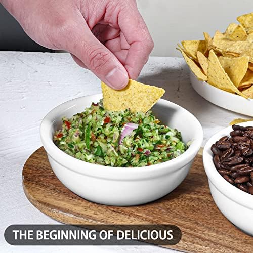 Artena 12 oz Solid Ceramic Chip and Dip Serving Set with Acacia Wooden Tray, 5-inch White Dipping Bowls, Small Serving Bowls for Side Dishes, Salsa, Appetizer, Serving Dishes for Entertaining