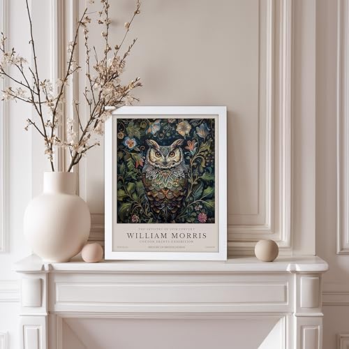 Poster Master Owl Print - William Morris Poster - Flower & Animal Illustration - Botanical Exhibition Wall Design - Floral Bird Artwork - Aesthetic Office or Bedroom Decor - 11x14 White Framed