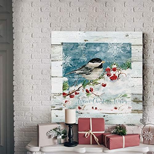 Renditions Gallery Christmas Abstract Wall Art Chickadee Bird Sitting in a White Snowed Cherry Tree Canvas Hanging Artwork Prints for Bedroom Office Home Kitchen - 32"X32" LT05