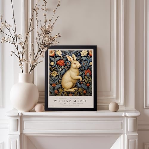 Poster Master William Morris Poster - White Rabbit Print - Flower Art - Animal Illustration - Floral Illustration - Bunny Illustration - Great Office or Bedroom Decor - 11x14 Black Framed