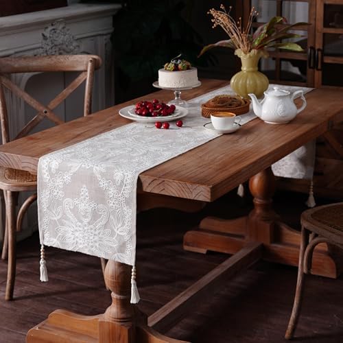 Embroidered Table Runner Boho Farmhouse Dresser Scarf, 14" x 38"