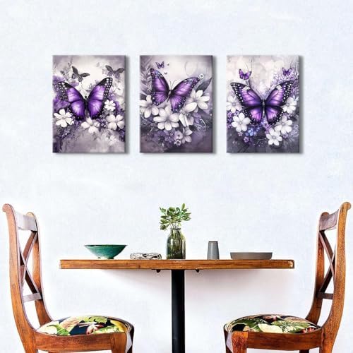 Purple Butterfly Wall Art Bathroom Decor Abstract White Flowers Pictures Purple Bedroom Decor Butterfly Canvas Prints Paintings Wildflower Landscape Artwork for Living Room Home Decoration 12x16" 3Pcs
