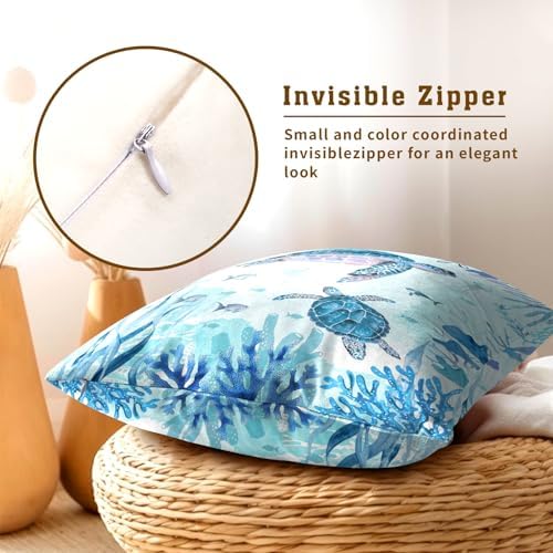 Set of 2 Sea Turtle Throw Pillow Cover 20x20 inch Nautical Coastal Ocean Coral Decorative Pillowcase Underwater Tropical Ocean Teal Blue Summer Cushion Covers for Home Couch Sofa