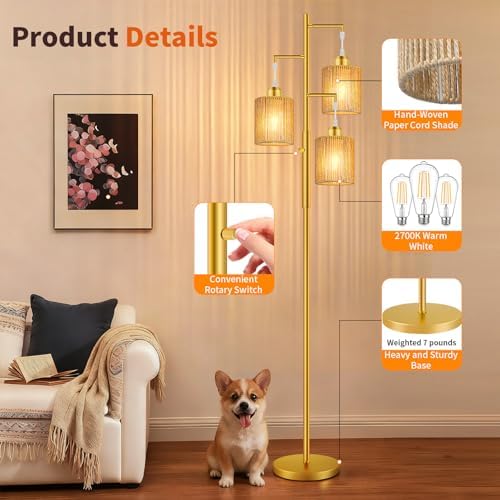Hotsonic 72" Boho Rattan Tree Floor Lamp, Tall Dimmable Industrial Standing Lamp, Corner Decor Accent Lighting for Living Room, Bedroom, Dining Room, Nursery, Cafe (3 x 800LM Bulbs Included) - Gold