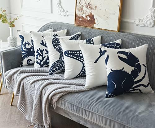 Embroidered Nautical Decor Pillow Cover,Square 18 Inches Decorative Canvas Pillow Cover for Nautical Style Deco by (Navy-Octopus)