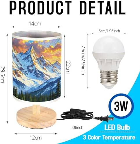 Majestic Snowy Mountain Table Lamp LED 3-Color Pressed Bedside, Majestic Snowy Mountain Shade Lamp with Wood Base for Bedroom Living Room Desk Office TL01