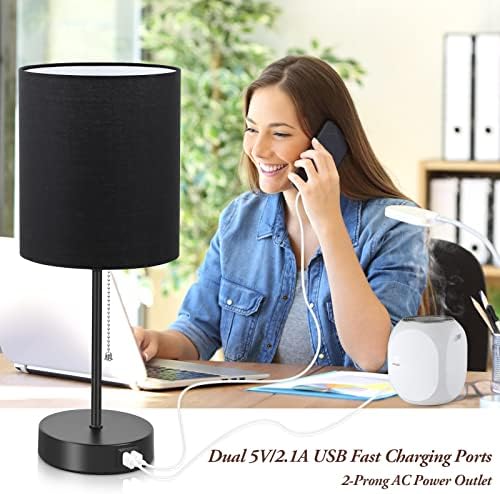 Bedside Table Lamps Set of 2 with USB Charging Ports and AC Outlet, Black