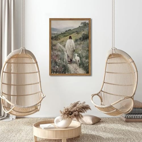 Jesus and Lamb Wall Art 3D Textured Hand Drawn Sandstone Lost Lamb Wall Decor, Jesus Leaves the 99 Sheep Christian Paintings Artwork for Living Prayer Room Bedroom 24x36 inch Wood Framed
