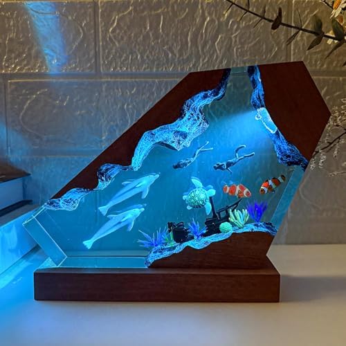 Handmade Dolphin Ocean Resin Lamp with Wooden Base