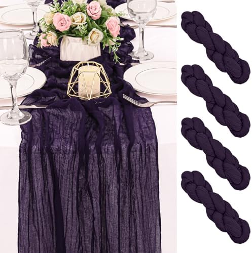 4 Pack 120 Inch Dark Purple Cheesecloth Table Runner Boho Rustic Gauze Sheer Romantic 10 FT Long Cheese Cloth Table Runner for Bridal Baby Shower Wedding Party Birthday Holiday Home Easter Decor