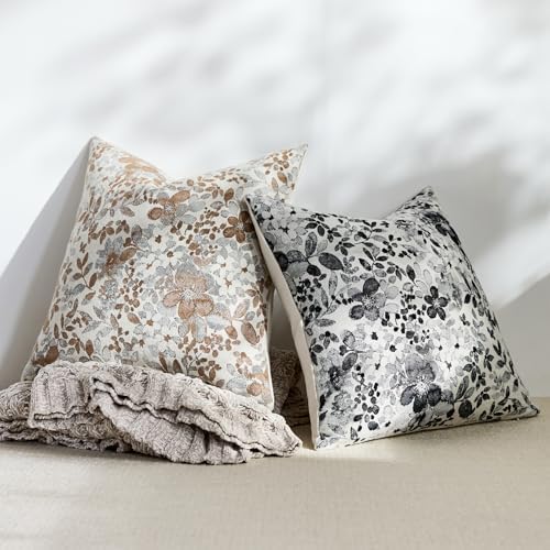 Vintage Floral Euro Sham Covers 24x24 Pack of 2 Country Farmhouse Accents Chenille Jacquad Decorative Square Throw Pillow Cases for Living Room Couch Bed Home Decor, Camel Khaki Tan