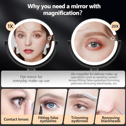 MIYADIVA Makeup Mirror with Lights,20X Magnifying Mirror with Light and Touch Switch,Vanity Mirror with 3 Color Light and 80 LEDs,2-Sided Lighted Magnified Mirrors 8.8 Inches, Black