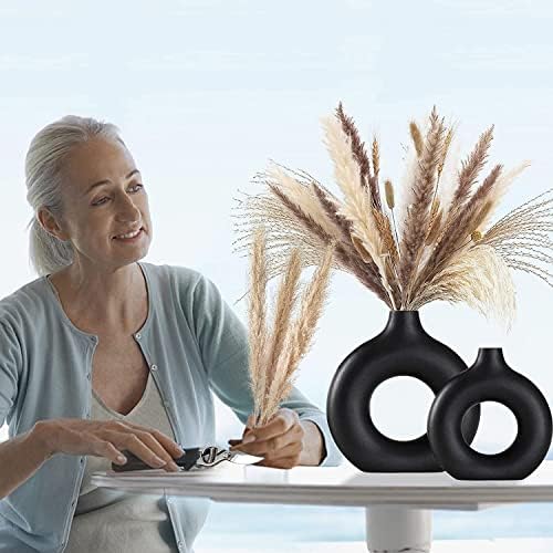 Black Ceramic Vases Set of 2, Modern Design for Home Decor,Black Style for Pampas Grass Matte Ceramic Vase for Farmhouse Living Room Kitchen Bedroom Mantle Coffee Dining Table Decoration