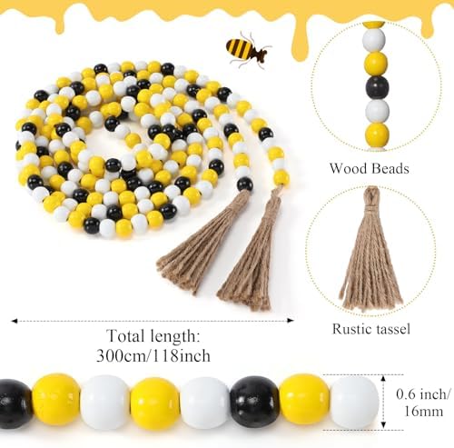 Equsion Rustic Wood Bead Garland with Tassel Farmhouse,Bee Color