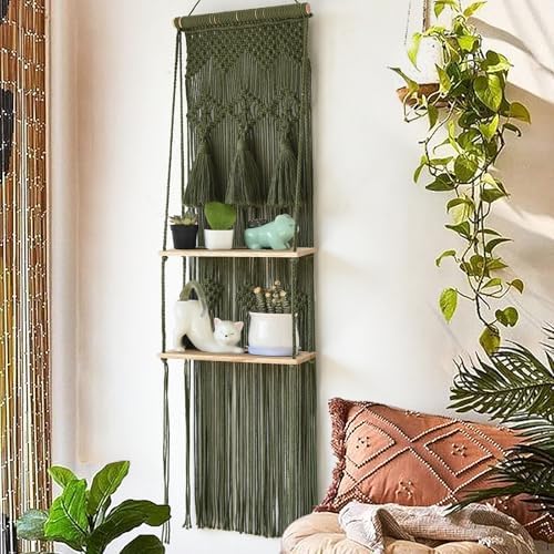 Flber Hanging Shelf Macrame Wall Hanging Green Boho Shelfs Tassels Floating
